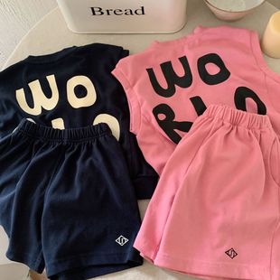 男童夏季背心套装新款休闲儿童韩版宽松纯色字母无袖短裤运动套装