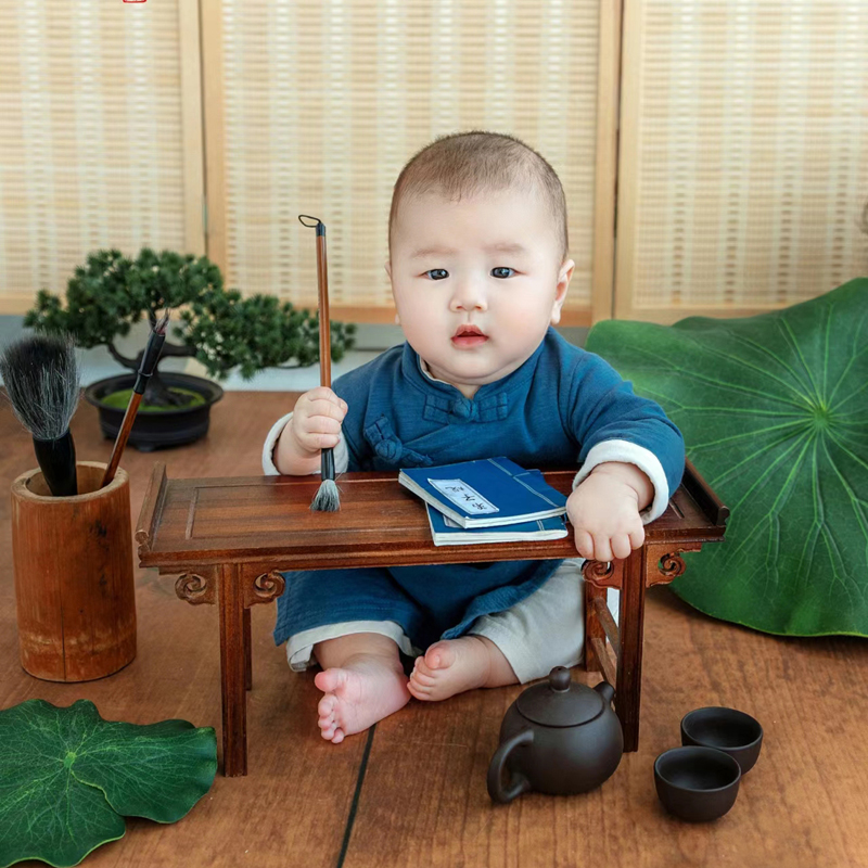 儿童摄影服装中国风书法工笔画主题宝宝百天周岁照拍照服饰新中式