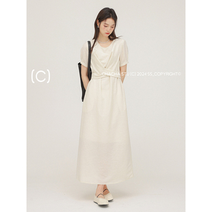 CHACHASTU法式复古缠绕式绑带设计感短袖连衣裙女夏季气质A字长裙