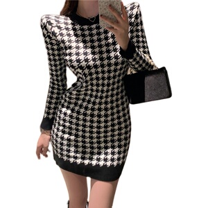 Live shooting! New Retro thousand bird lattice versatile slim wrap hip bottomed dress