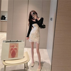 Live shooting! New sexy off shoulder French bubble sleeve lace contrast off shoulder slim dress