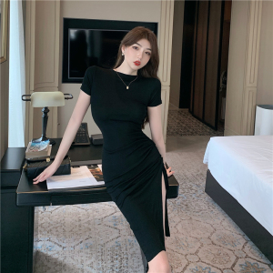 Live shooting! French style drawstring split dress new waist length slim wrap hip skirt