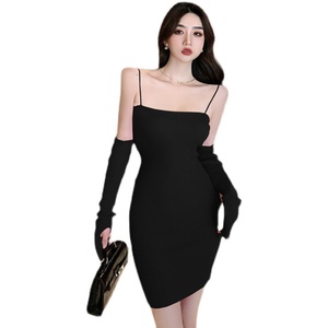 Live shooting! New versatile personalized sleeve Slim Fit Sexy hip strap bottomed dress