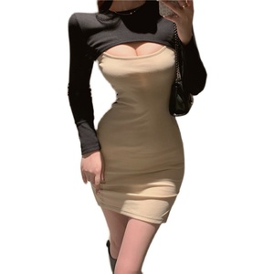 Live shooting! Net red nightclub sexy chest hollowed out careful machine color matching split slim wrap hip dress