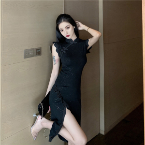 Live shooting! New French retro care machine sexy lace girl improved cheongsam long dress