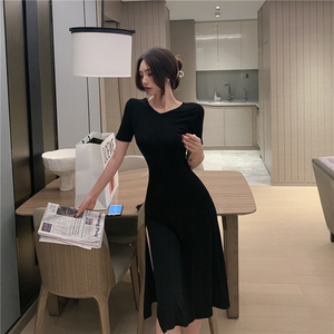 Real shooting short sleeve long skirt summer and Korean version Slim Fit Sexy V-neck modal dress split open leg holiday 