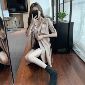 Real shot Korean lace up medium and long Windbreaker Jacket Women's spring and autumn new solid color air conditioning s