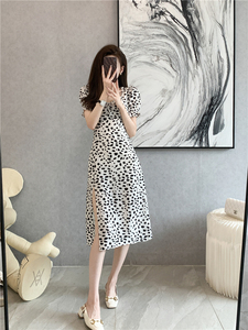 Real shooting summer French dress wave point Chiffon split white dress temperament long dress