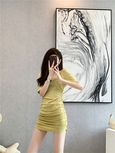 Real shooting new wrinkle temperament thin sexy square neck bubble sleeve elastic hip wrap dress women's short