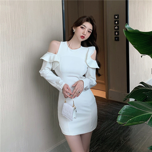 Actual shooting of autumn and winter new careful machine Ruffle off shoulder daily irregular temperament health small bl