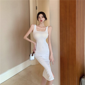 Real shooting French square neck vest skirt women's summer tight waist temperament retro slim sexy split dress