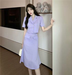 Real shooting retro summer dress temperament double breasted Top + fishtail skirt split high and thin two-piece skirt