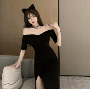 Real shooting new European and American style off shoulder temperament slim slim short sleeve split dress dress