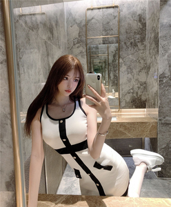 Real shooting sexy celebrity dress women's black and white contrast stripe tight U-neck copper button knitted sleeveless