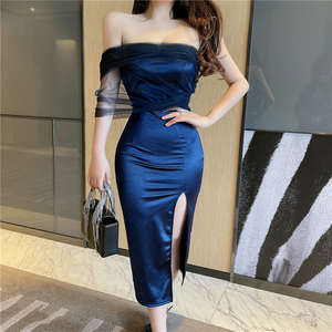 Real shooting summer one shoulder mesh stitching temperament dress for women in Europe and America with a slim waist and