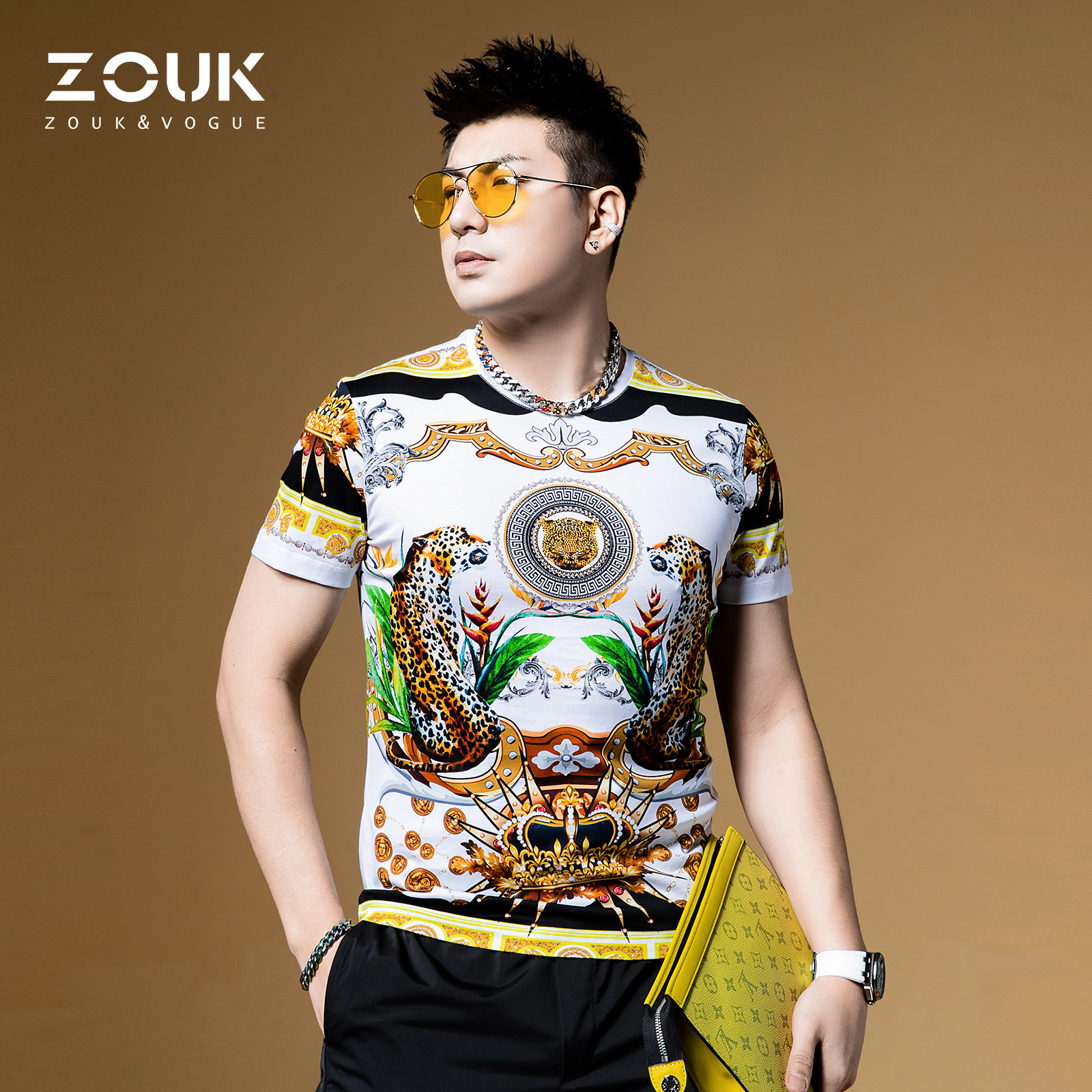 zouk大牌男装奢侈品牌t恤男短袖潮牌复古巴洛克豹子印花体恤夏季