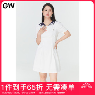 GW大码女装海军领收腰连衣裙2024夏季新款微胖mm显瘦小白裙子女