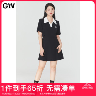 GW大码女装休闲A字连衣裙2024夏季新款微胖mm黑色显瘦高腰裙子女