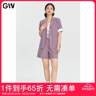 GW大码女装英伦风西装短袖套装2024夏季新款微胖mm收腰显瘦短裤女