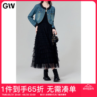 GW大码女装黑色吊带蛋糕裙2024春季新款微胖mm显瘦复古牛仔套装女