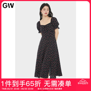 GW大码女装法式碎花方领连衣裙2024夏新款胖mm高腰显瘦遮肚子长裙