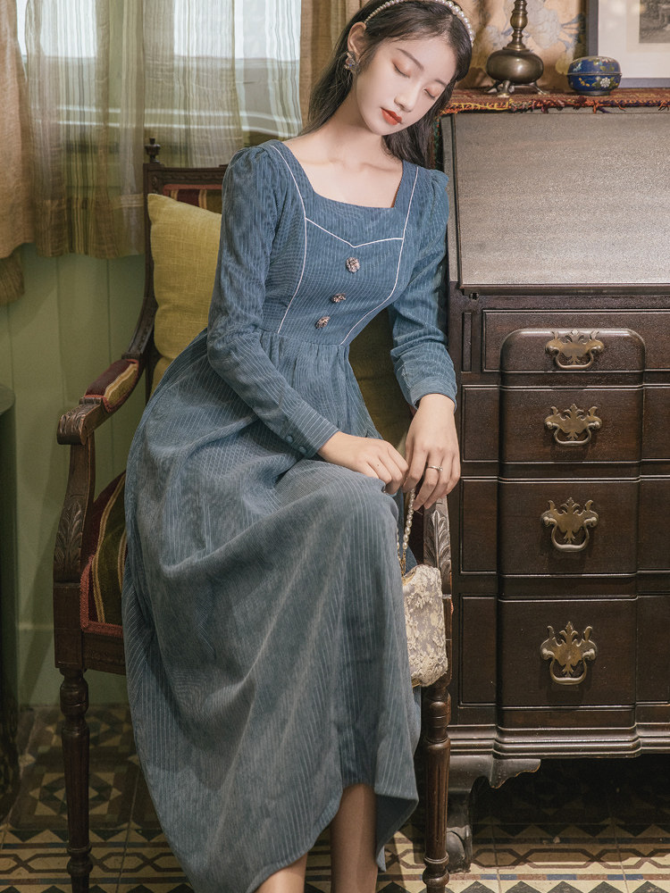 615#早秋新款文艺复古裙子仙女超仙森系蓝色灯芯绒连衣裙女智熏裙