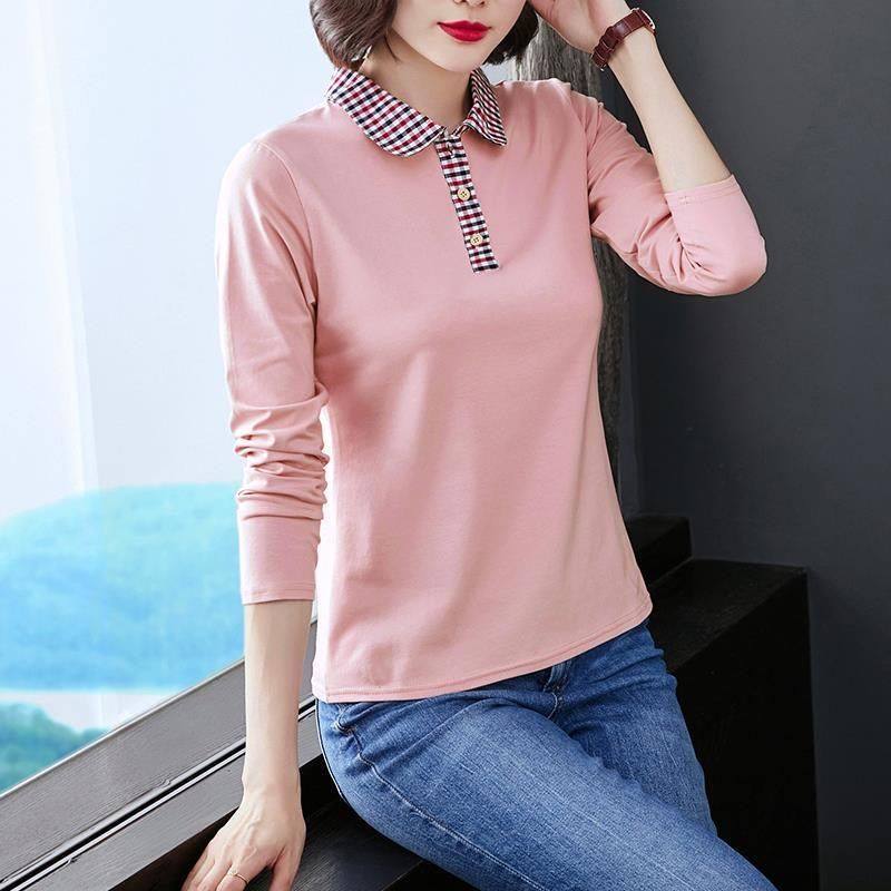 含棉 大码妈妈装长袖t恤女翻领2021春新款中年polo领打底衫衬衣潮