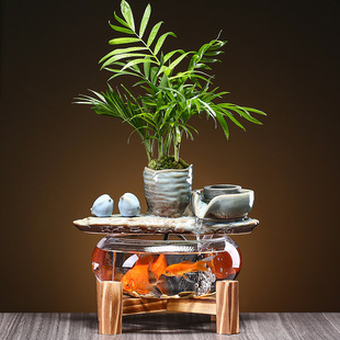 新中式循环流水摆件风水招财创意玻璃小型鱼缸客厅办公室桌面装饰