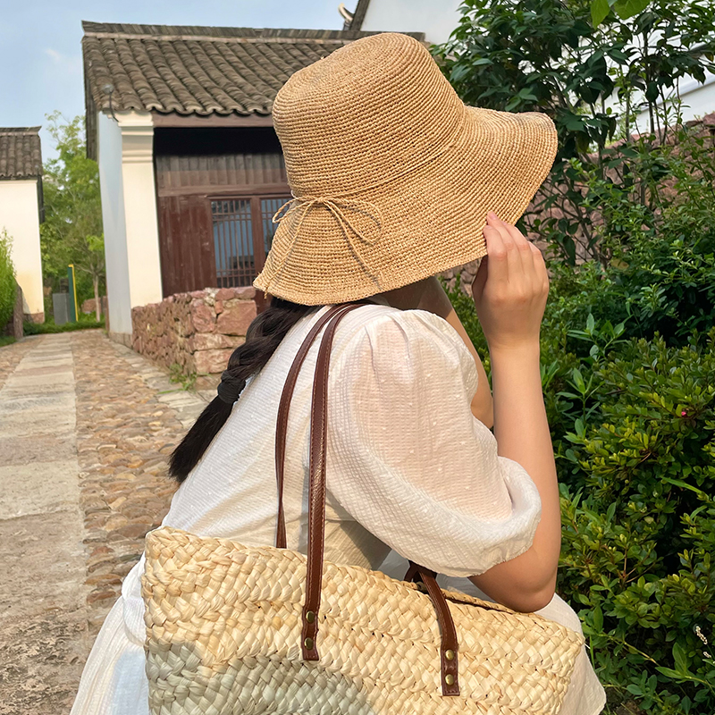 拉菲草大檐草帽女出游遮阳透气渔夫帽夏季海边度假ins盆帽可折叠