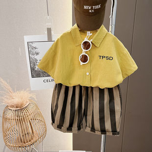 棉麻男宝宝短袖套装刺绣字母衬衫夏季韩版男童新款上衣洋气套装潮