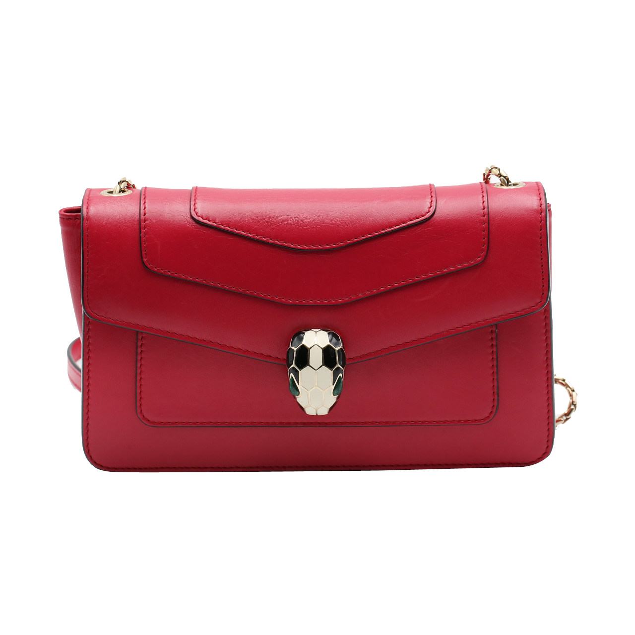 [9.5新]宝格丽bvlgari女士玫红色经典蛇头小号链条包