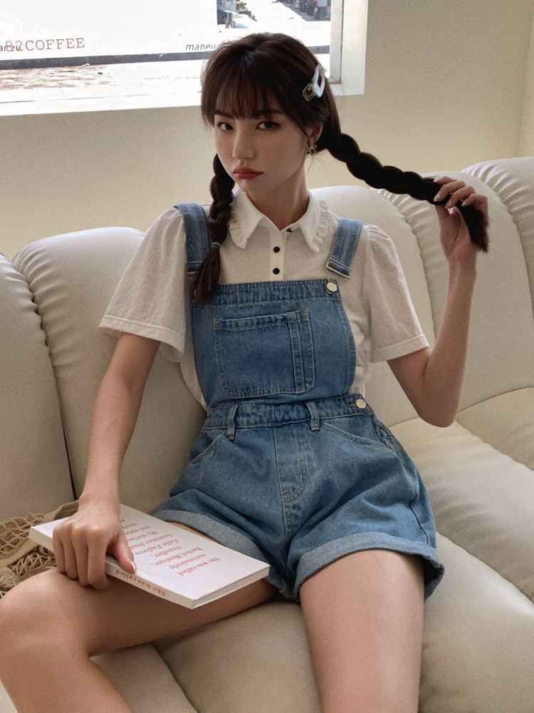 高腰牛仔背带裤短裤女夏季2022新款小个子宽松减龄短款阔腿连体裤