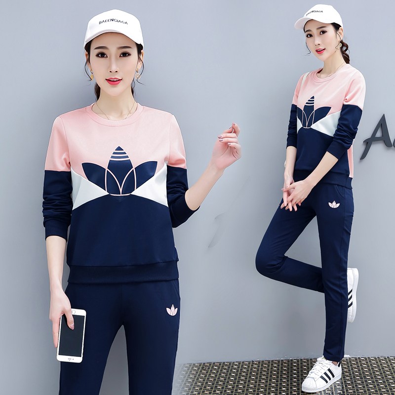 运动休闲套装女秋装撞色长袖t恤修身显瘦遮肉胖妹妹跑步服两件套优惠券