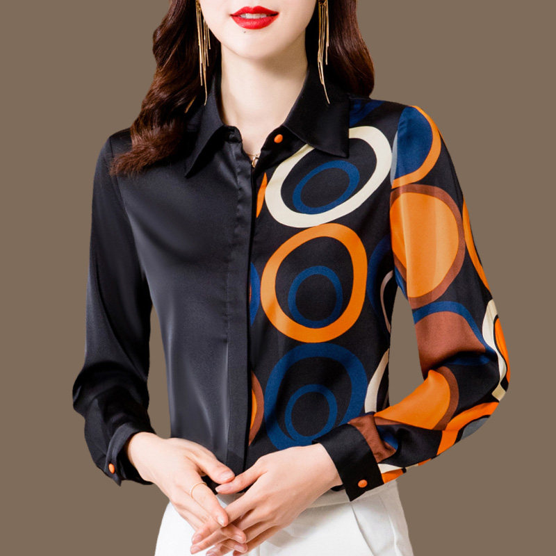 真丝衬衫女2022秋装新款黑色高端女士印花长袖洋气桑蚕丝缎面上衣