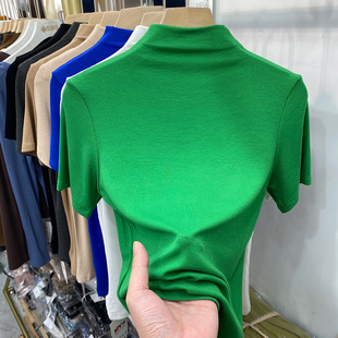 欧货半高领螺纹短袖t恤女2024春夏新款紧身绿色上衣高级感打底衫