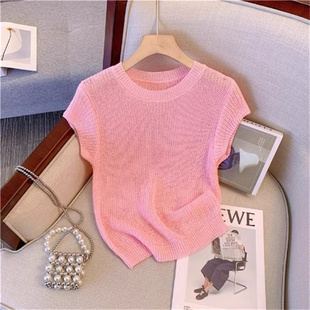 粉色温柔冰丝针织短袖T恤女夏新款镂空设计感紧身辣妹短款上衣薄