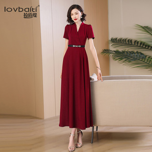 酒红色连衣裙女夏2023新款高端气质高级感显瘦正式场合长裙子838