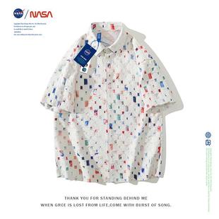 NASA彩色破洞流苏方格衬衫男士半袖设计感小众潮牌宽松短袖衬衣