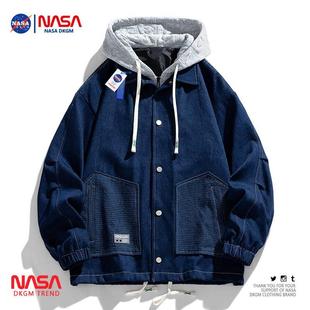 NASA联名牛仔外套男款春秋季潮牌工装假两件连帽学生情侣夹克上衣