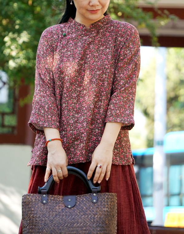 【原野】柜中缘原创中式复古文艺暗红碎花棉布大襟衫七分袖女春