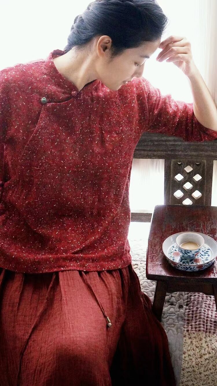 原野柜中缘原创深红色碎花棉纱文艺田园气质中式大襟衫凉爽飘洒女
