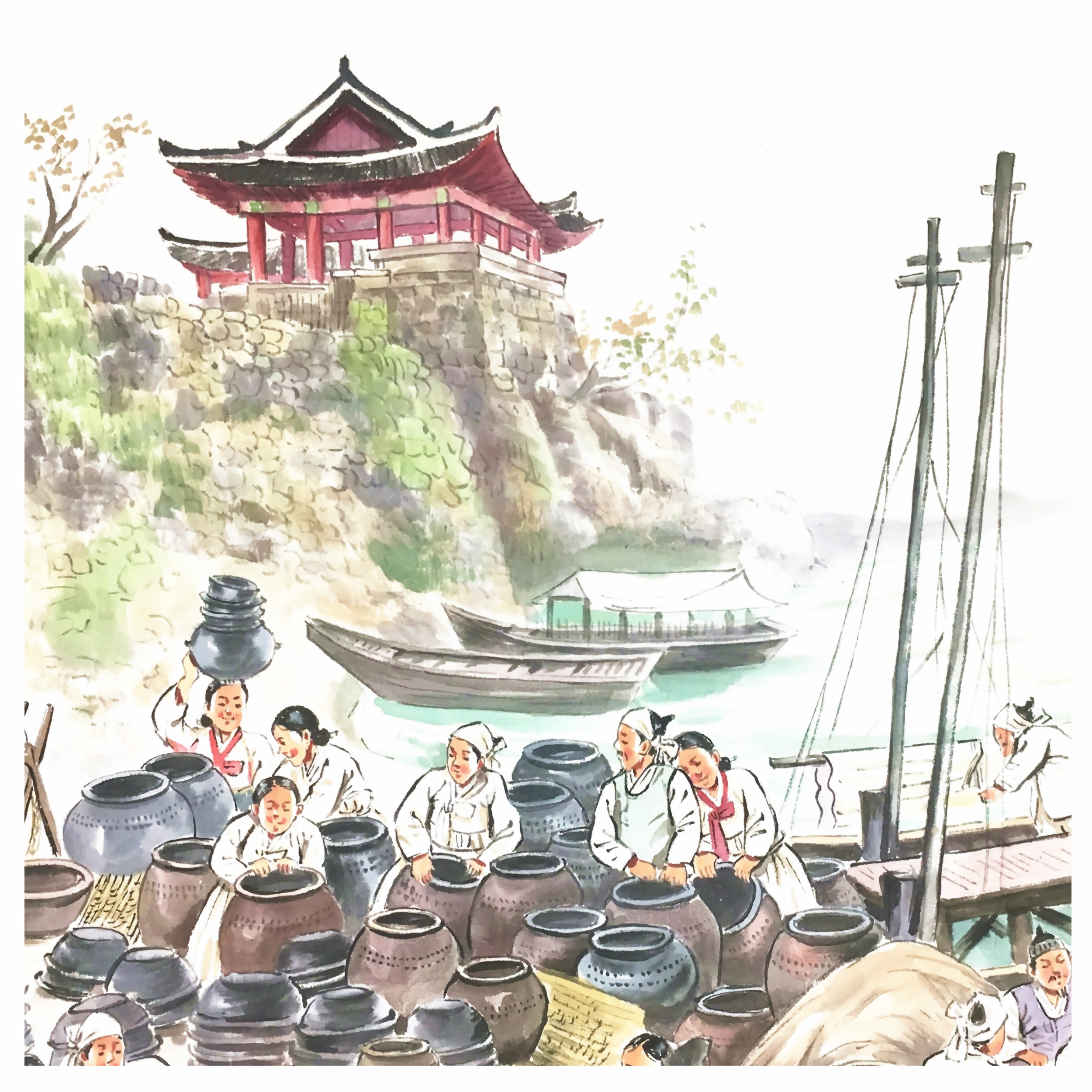 (朝鲜)经典民俗画 申玉《码头》平壤美术大学 星朝美术馆