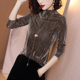 T-shirt net yarn glittering autumn new women's stand-up collar stretch slim small shirt bottoming shirt spring and autumn striped long-sleeved shirt