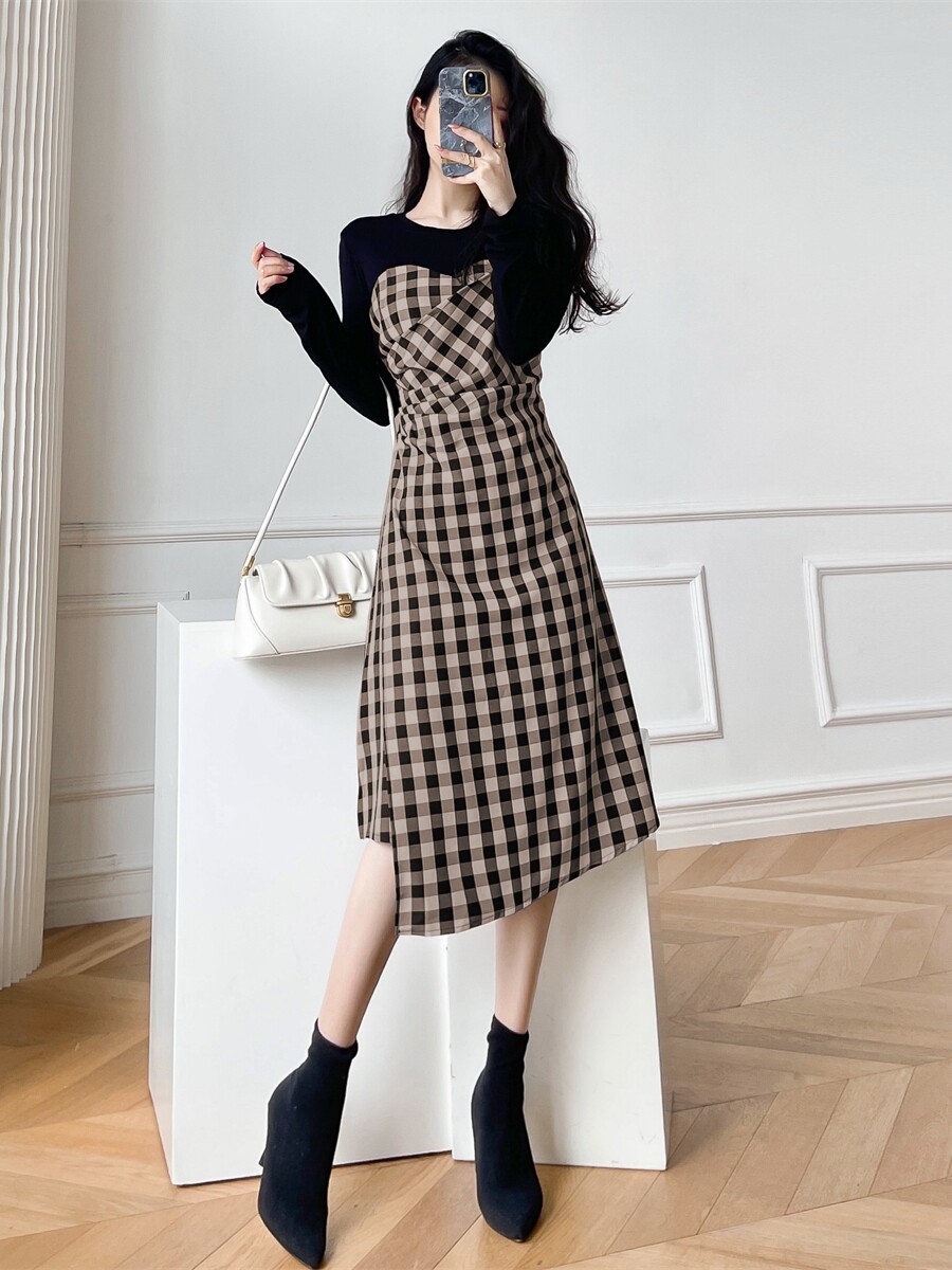 秋季新款复古格子假两件连衣裙女春赫本风收腰显瘦长袖气质长裙子