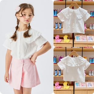 打折款OZKIZ韩国童装专柜代购2024夏款女童洋气大领子短袖T恤T05G