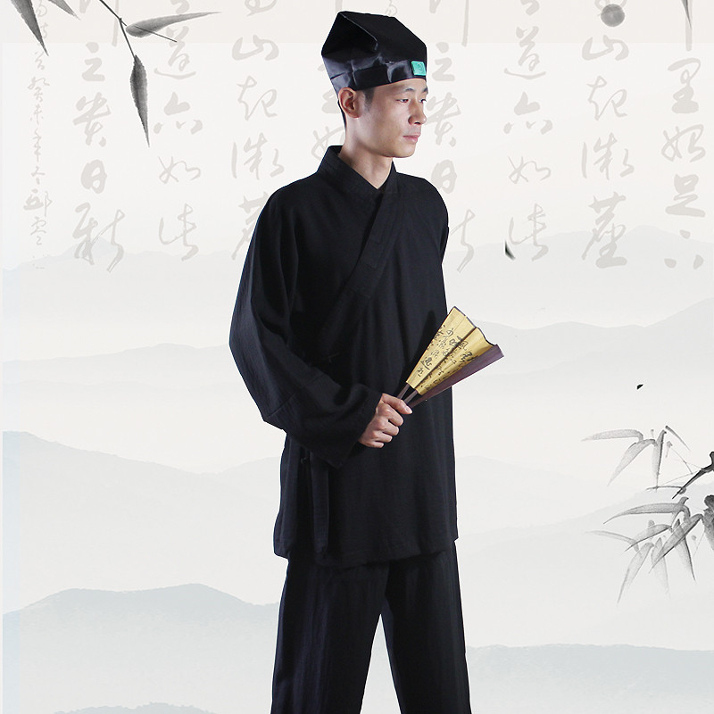 三清领道装三台斜襟汉服中衣武当太极三宝领道士居士装青衣乾坤服