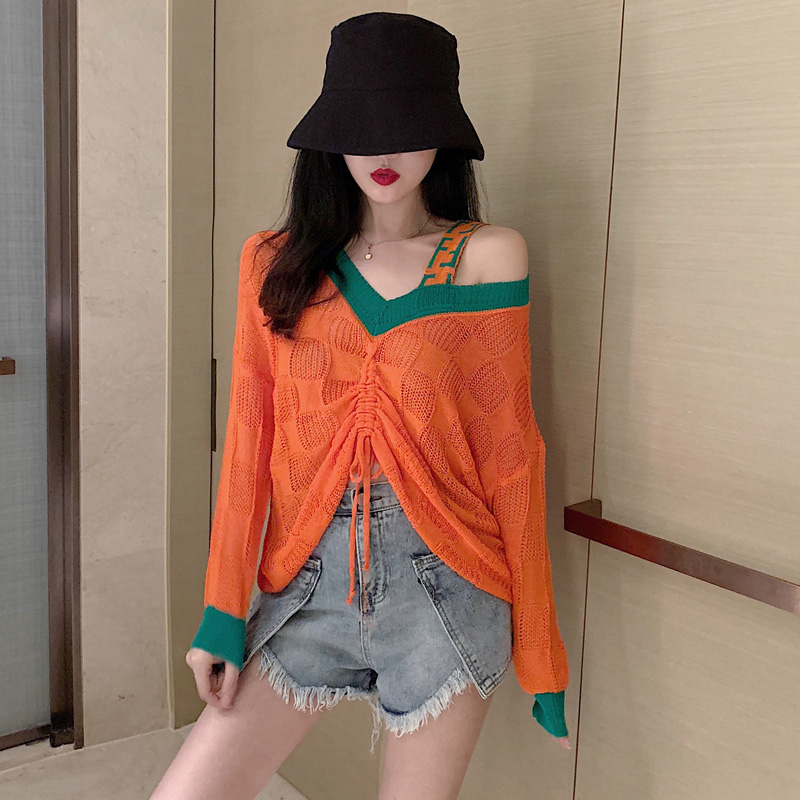 冰丝针织衫女早秋冬v领露肩薄款毛衣镂空抽绳上衣别致设计感小众在类目 女装/女士精品, 时尚防晒服中 - 来自Buy2taobao.com提供专业的淘宝代购服务