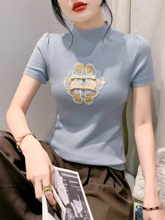 半高领短袖T恤女2024夏季新款新中式刺绣盘扣修身薄款冰丝针织衫