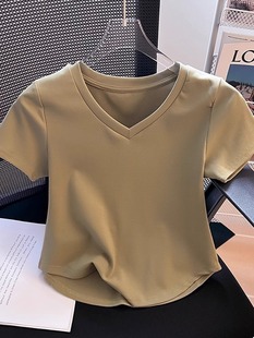 纯棉正肩短袖t恤女夏季2024新款设计感不规则弧形下摆v领短款上衣