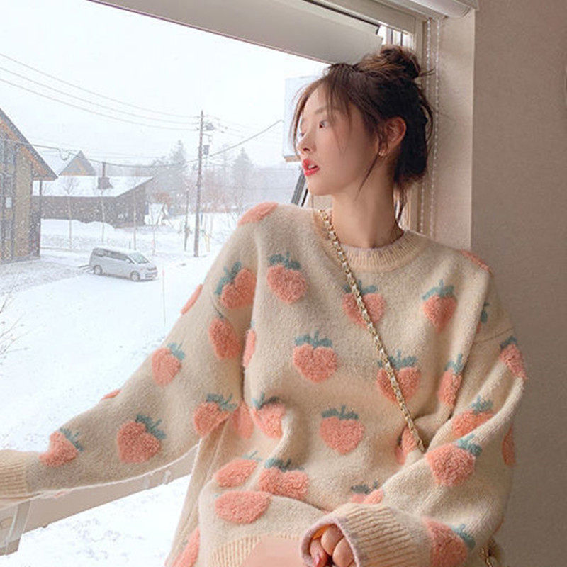 软奶风毛衣女秋冬外穿复古日系慵懒风韩版宽松粉色很仙的套头外套